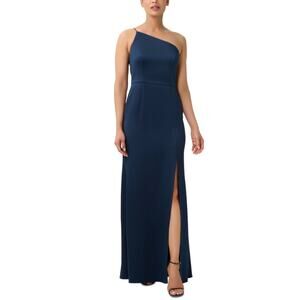 Adrianna Papell Satin Crepe One Shoulder A-Line Evening Gown Blue Size 10 Dress
